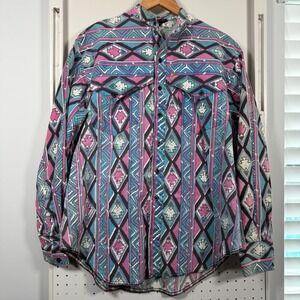 The Look Western Yoke Shirt Men's Aztec Geometric Mandarin Collar Button - Large